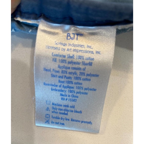 BJT Blue Jean Teddy Bear Overalls Boy Bike Boat Plane Plush Baby Blanket Vtg - Picture 2 of 5